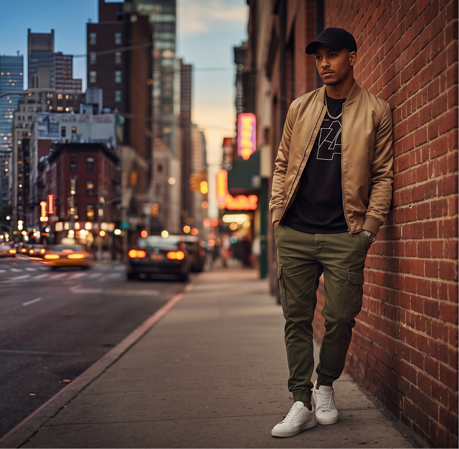 Man leaning against a brick wall on a city street at night.