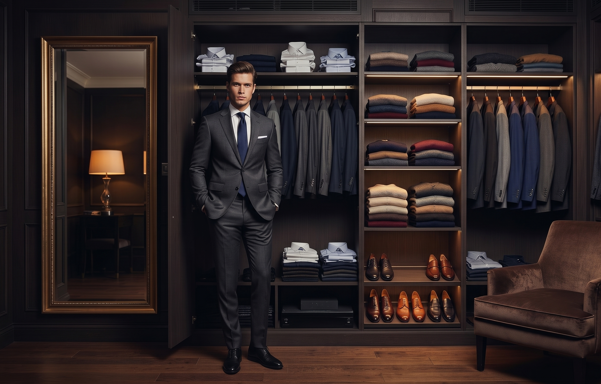 Man in a suit standing in a well-organized wardrobe with shelves of clothes and shoes.